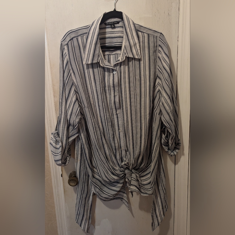 Zac & Rachel 3X striped, collared, long sleeve, blue & white blouse